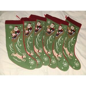 Vintage Needlepoint Stockings Lot Of 6 Christmas Santa Reindeer Red